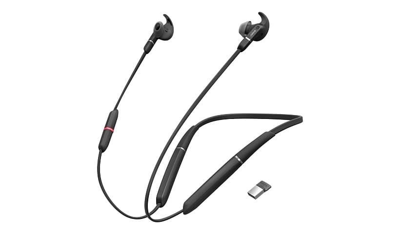 Jabra Evolve 65e UC - Earphones with mic - in-ear - behind-the-neck mount - Bluetooth - wireless - USB - noise isolating