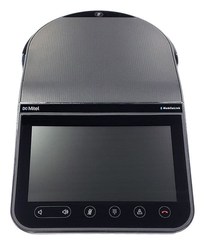 IP conference phone with a 7-inch (800x480) color touchscreen, an 8-microphone beam-forming array with a 16 ft pickup range, Bluetooth 4.1, two USB ports, and PoE power. Supports up to 4-party HD voice conferencing and one-touch meeting join; suited to medium-to-large conference rooms.