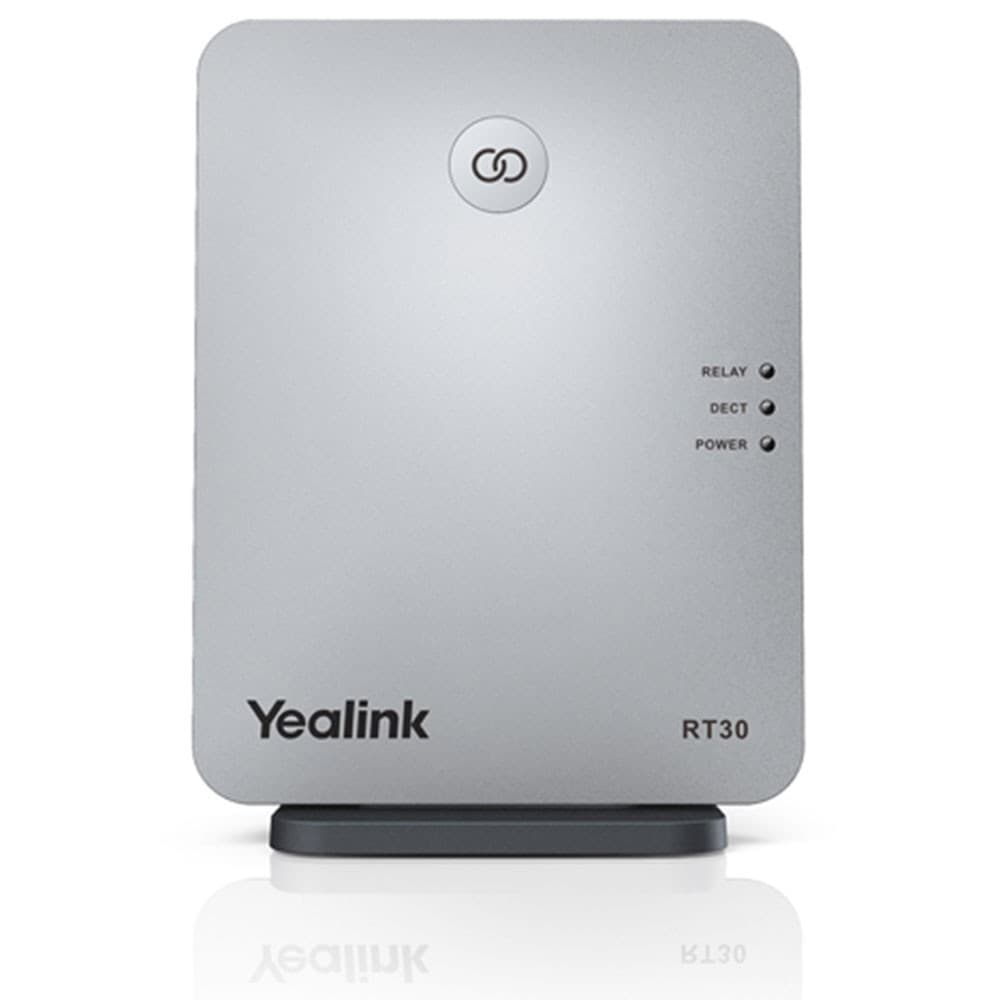 DECT repeater that extends radio coverage for Yealink W60B/W70B (and W5x/W7x) IP base stations. Supports up to 6 repeaters in star topology or 2 in cascade, auto call handover, up to 4 simultaneous calls, HD voice, indoor range to 50m and outdoor to 300m.