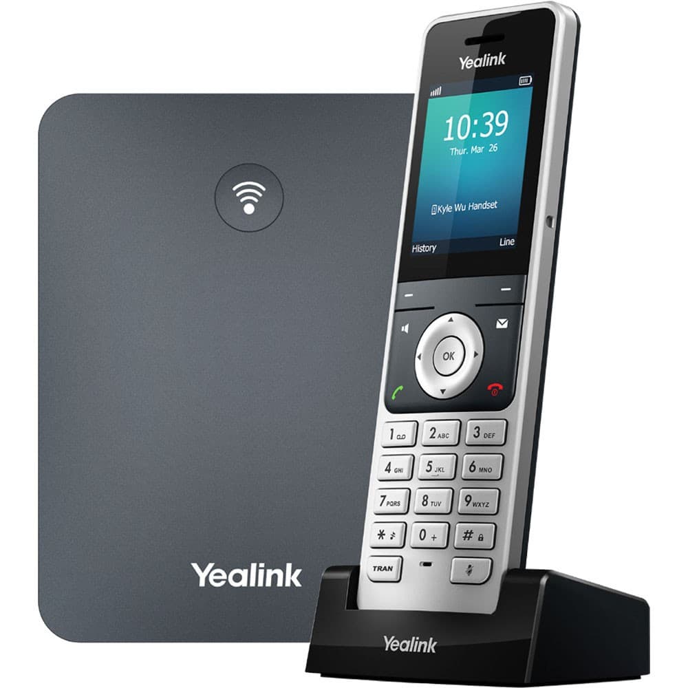 Yealink W76P DECT IP phone system pairs the W56H handset with the W70B base station. Supports up to 10 SIP accounts, 20 simultaneous calls, and 10 handsets. Opus codec, noise reduction, TLS/SRTP encryption; up to 30 hours talk time, 50m indoor/300m outdoor DECT range.