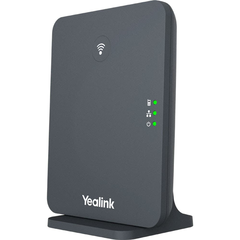 Yealink W70B is a DECT IP base station for small/medium businesses, pairing with up to 10 compatible Yealink DECT handsets (W56H, W59R, W73H, CP930W). Supports 10 SIP accounts, 20 simultaneous calls, PoE (802.3af), 10/100 Ethernet, Opus codec, and TLS/SRTP security.