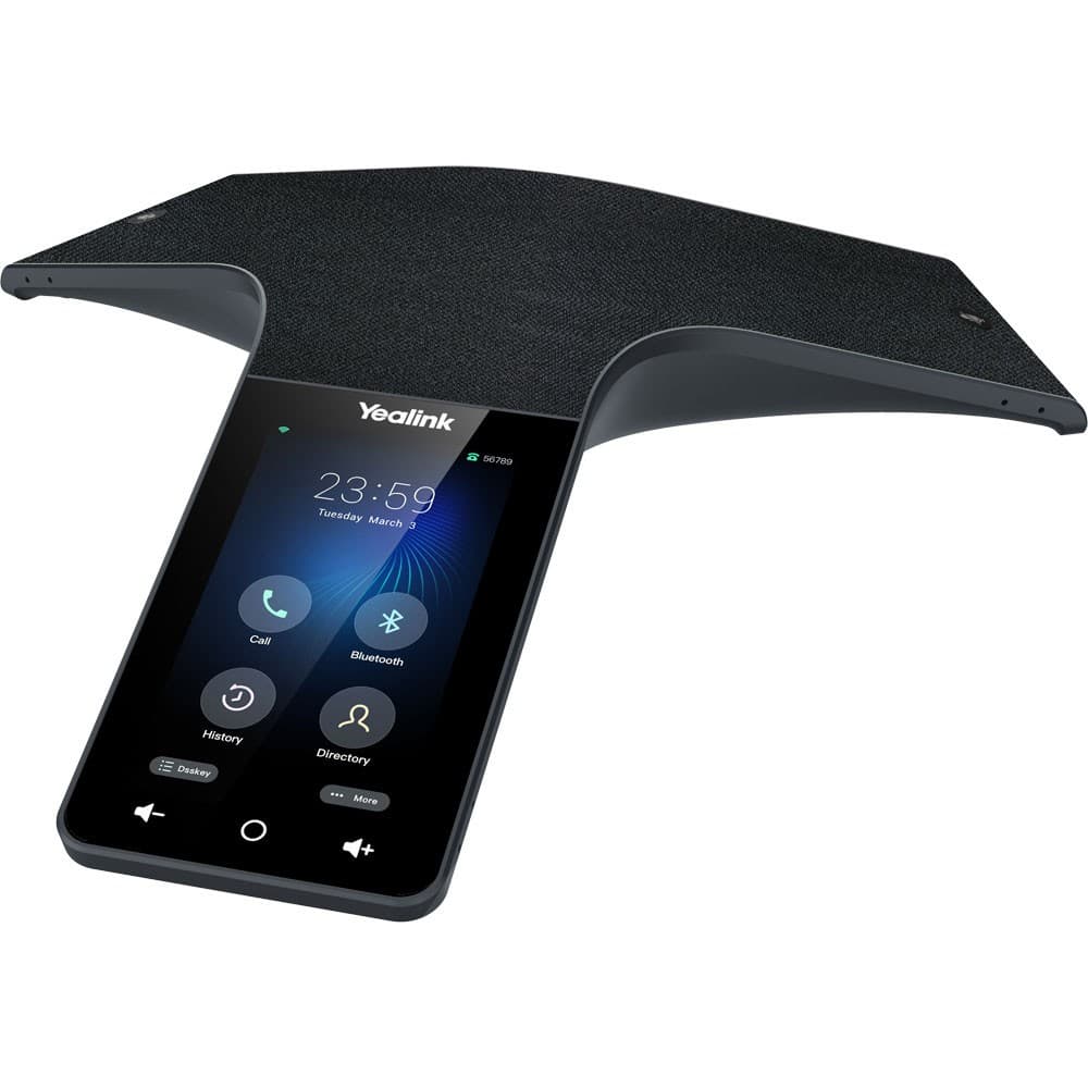 HD Bluetooth/USB conference speakerphone for medium-to-large rooms: 5" touchscreen on Android 9.0, 12-mic array with 20-ft 360° pickup, full-duplex audio with noise-proof technology, PoE powered, supports DECT wireless expansion mics (CPW65) and 10-way conferencing.