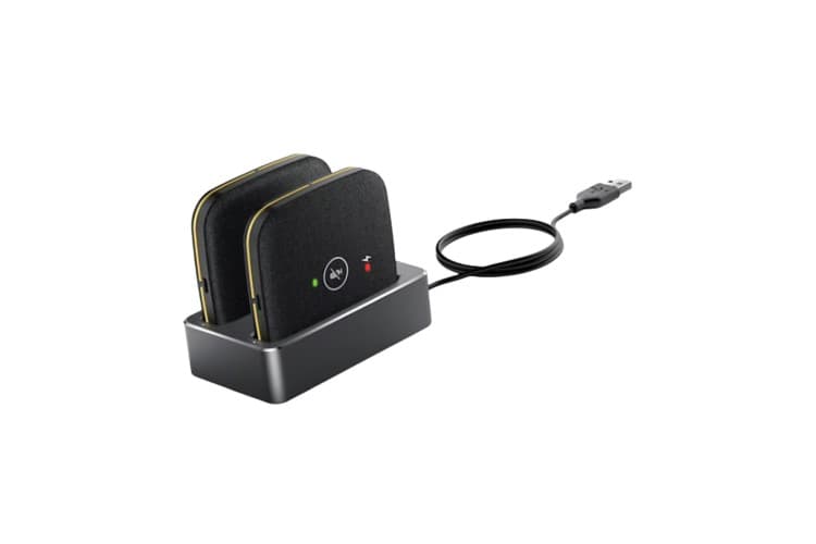 Two-pack wireless DECT expansion microphones for the Yealink CP965 conference phone. Each mic has a 3-mic array with 10-ft 360° pickup, up to 20m range from the base, 1500mAh battery for ~13h talk/11-day standby, and a shared nondirectional charging cradle.