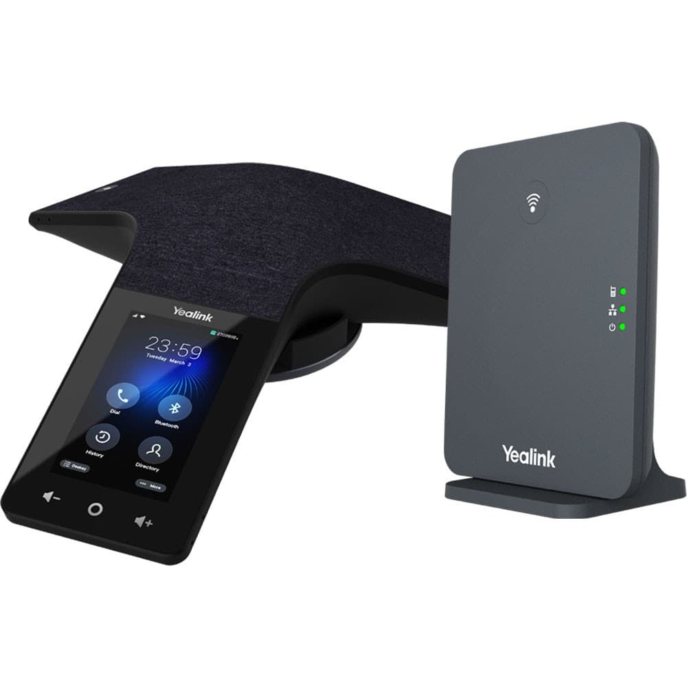 Wireless conference phone with 4" touchscreen, 6-mic array (20-ft, 360° pickup), Bluetooth 4.2 and Wi-Fi, switchable to DECT mode with the included W70B IP base station for up to 20 simultaneous calls and 10 handsets. Built-in battery gives up to 15-20h talk time.