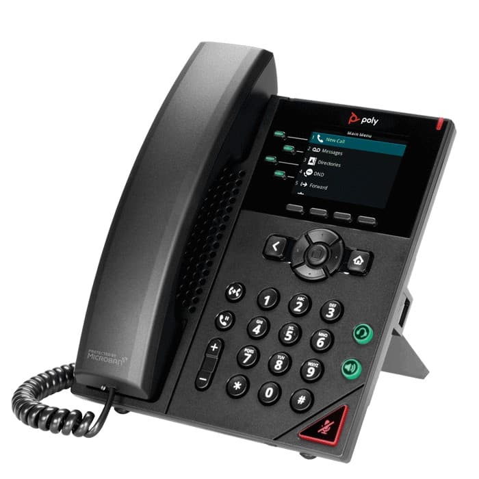 Poly VVX 250 OBi Edition 4-line business IP desk phone with a 2.8-inch color LCD, dual PoE-enabled Gigabit Ethernet ports, HD Voice audio, and included power supply for desktop or wall mounting.