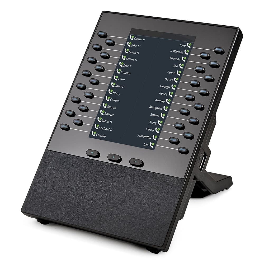 Poly VVX EM50 30-key expansion module for the VVX 450 IP phone, adding programmable dual-color LED keys via a 5-inch color display; up to two modules can be attached per phone for 60 extra keys.