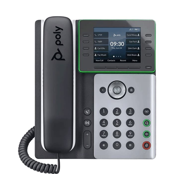 Poly Edge E350 corded/cordless IP desk phone with Wi-Fi and Bluetooth 5.0, 8 line keys for up to 32 lines, and dual gigabit PoE ports. Poly NoiseBlockAI and Acoustic Fence noise reduction; ships with PSU, handset cord, CAT-5E cable, and desk stand.