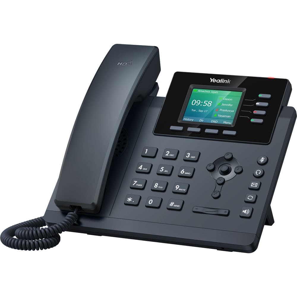 Entry-level WiFi IP phone with 2.4" 320x240 color display, up to 4 SIP accounts, built-in dual-band 2.4G/5G WiFi, USB 2.0 for wired or Bluetooth headsets, dual-port Gigabit Ethernet with PoE (802.3af). This bundle pairs the T34W handset with a 5V/1.2A power supply for AC-outlet operation without PoE.