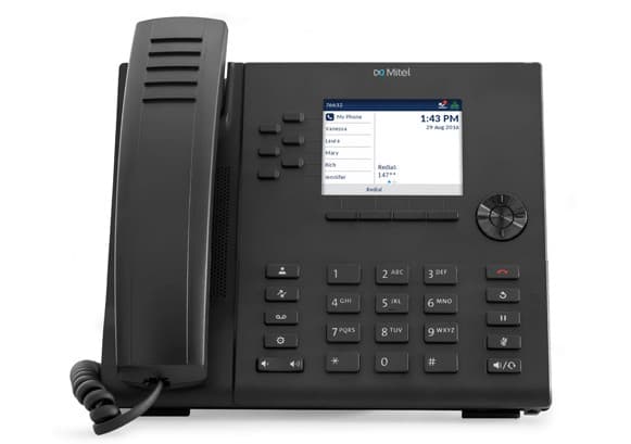 Entry-level Open SIP desk phone with a 3.5-inch color display, 6 programmable softkeys, USB-A and RJ9 wired headset support, and dual Gigabit Ethernet ports with Class 2 PoE. Delivers wideband HD audio on handset and speakerphone; not intended for use with the MiVoice platform.